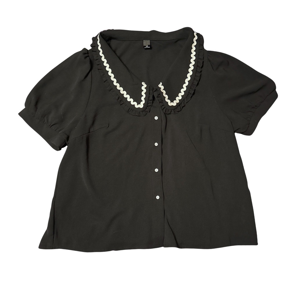 Blk Wht Peter Pan Collar Blouse Puff Sleeve Rickrack Trim Button Up Top 1XL vtg